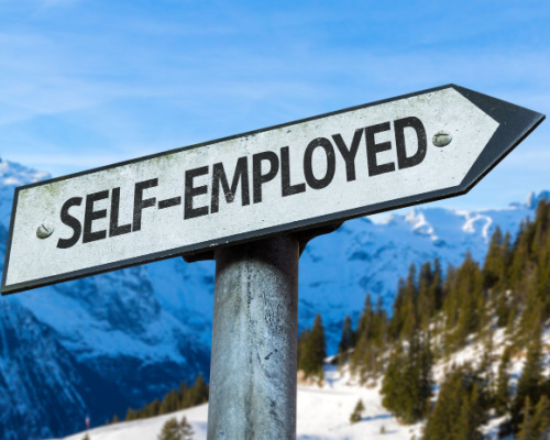 Bank Statement Loans Signpost in snowy mountain setting with the text 'SELF-EMPLOYED'